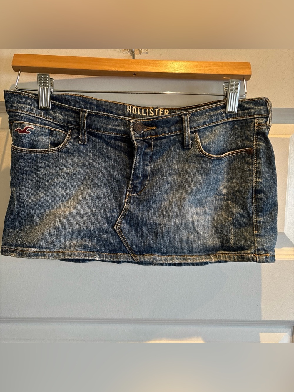 Hollister Medium Blue Denim Mini Skirt with Embroidered Logo